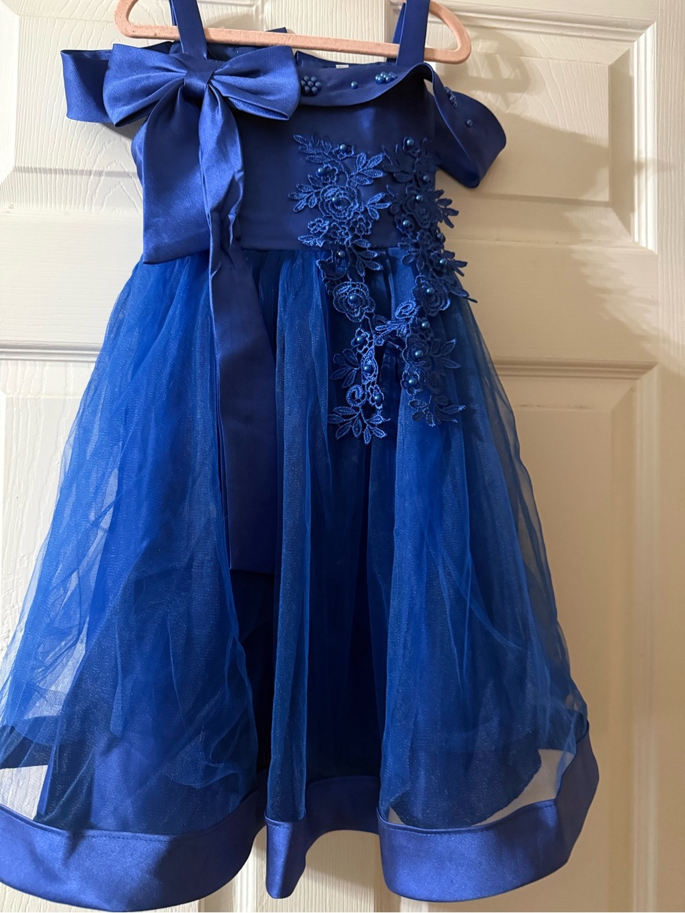 Royal Blue Floral Appliqué Tulle Party Dress for Girls